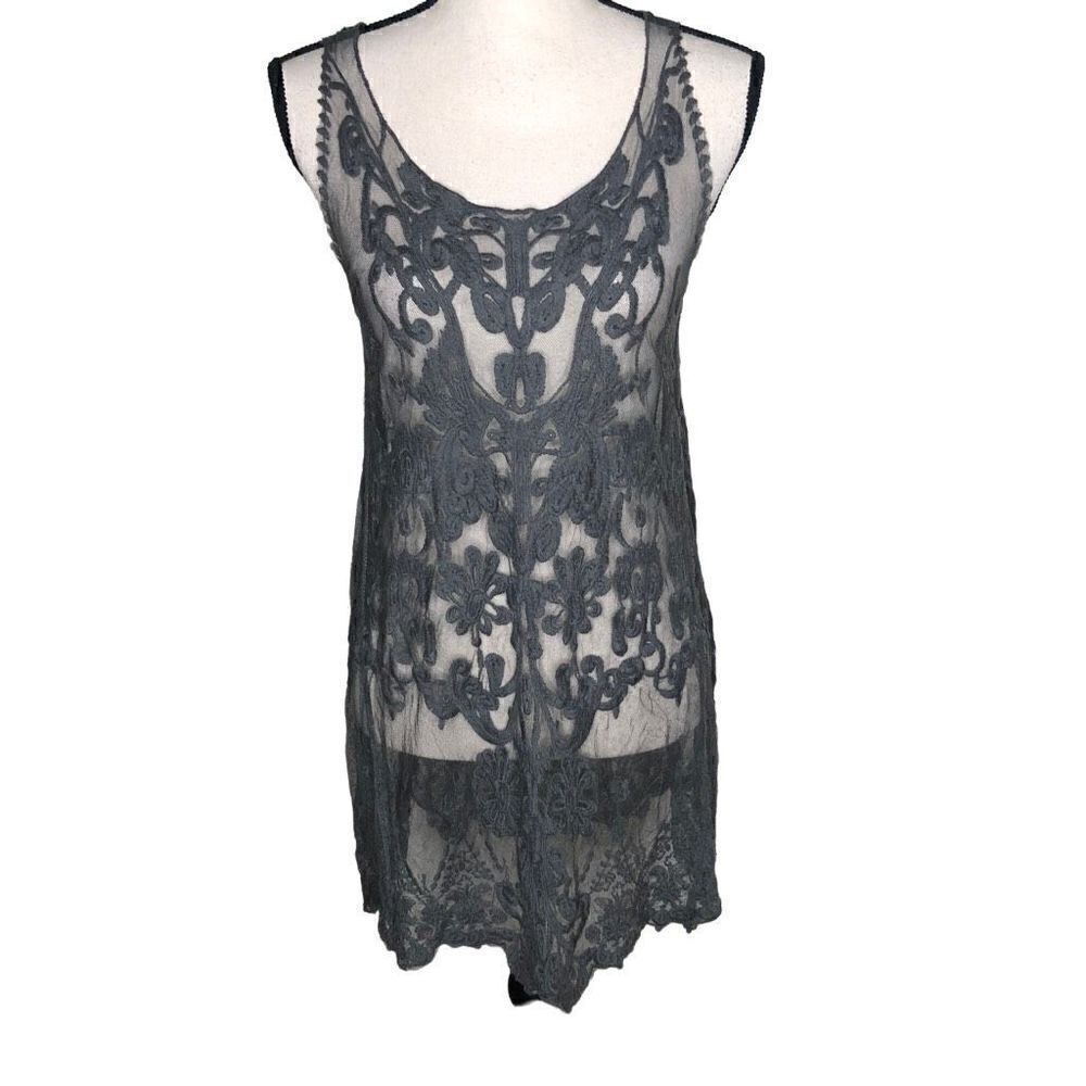 Michael Farrell Gray Sheer Embroidered Boho Whimsygoth Tunic Top Size S